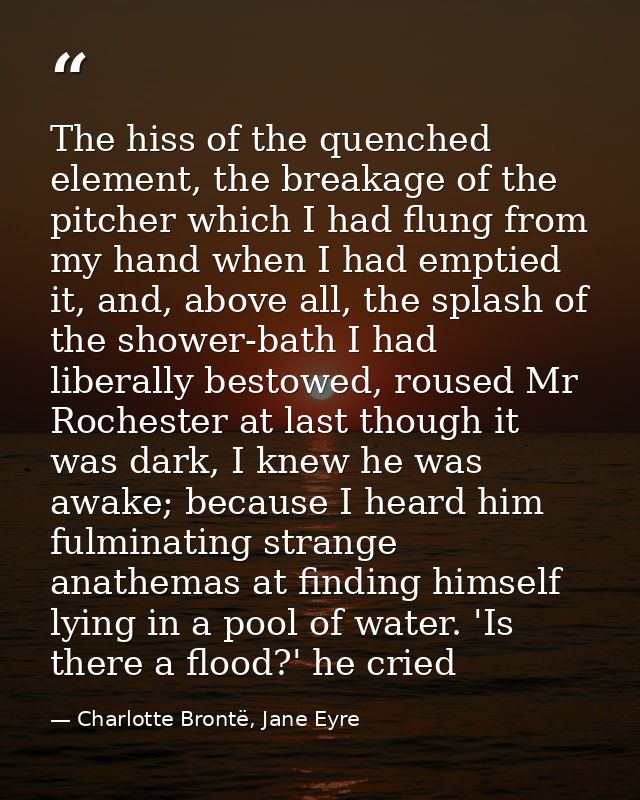 The hiss of the quenched element, the breakage of the pitcher which I had flung from my hand when I had emptied it, and, — Charlotte Brontë, Jane Eyre