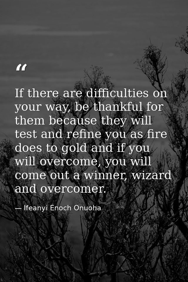 If there are difficulties on your way, be thankful for them because they will test and refine you as fire does to gold a — Ifeanyi Enoch Onuoha