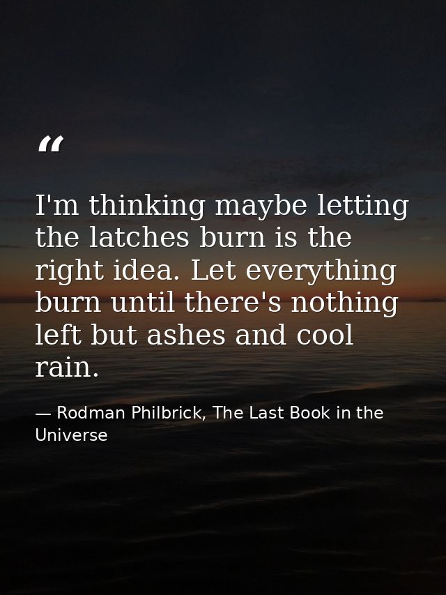 I'm thinking maybe letting the latches burn is the right idea. Let everything burn until there's nothing left but ashes  — Rodman Philbrick, The Last Book in the Universe