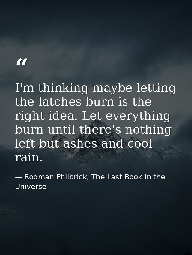 I'm thinking maybe letting the latches burn is the right idea. Let everything burn until there's nothing left but ashes  — Rodman Philbrick, The Last Book in the Universe