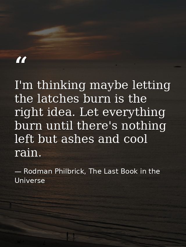 I'm thinking maybe letting the latches burn is the right idea. Let everything burn until there's nothing left but ashes  — Rodman Philbrick, The Last Book in the Universe