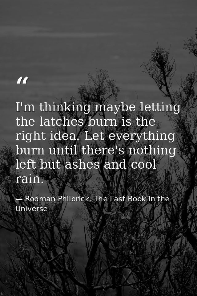 I'm thinking maybe letting the latches burn is the right idea. Let everything burn until there's nothing left but ashes  — Rodman Philbrick, The Last Book in the Universe