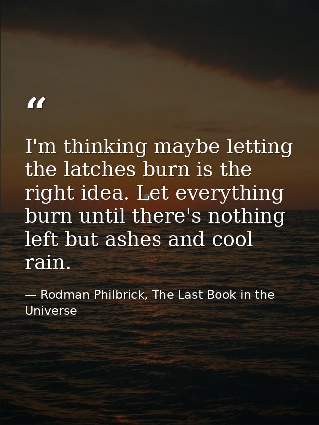 I'm thinking maybe letting the latches burn is the right idea. Let everything burn until there's nothing left but ashes  — Rodman Philbrick, The Last Book in the Universe