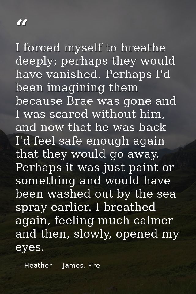 I forced myself to breathe deeply; perhaps they would have vanished. Perhaps I'd been imagining them because Brae was go — Heather     James, Fire