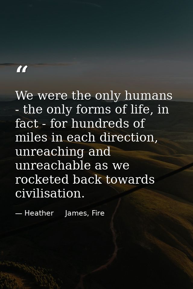 We were the only humans - the only forms of life, in fact - for hundreds of miles in each direction, unreaching and unre — Heather     James, Fire