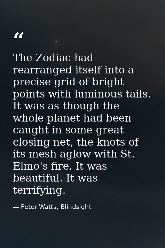 The Zodiac had rearranged itself into a precise grid of bright points with luminous tails. It was as though the whole pl — Peter Watts, Blindsight
