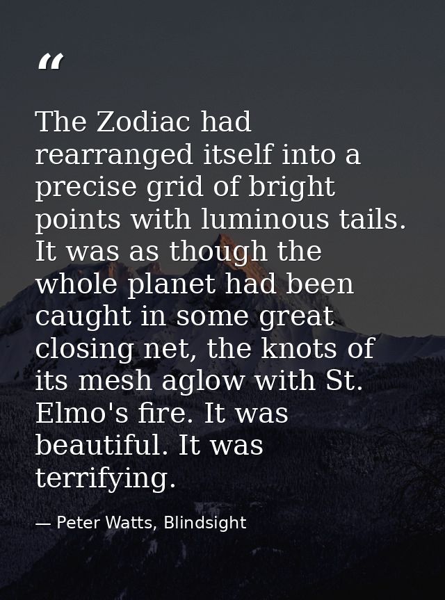 The Zodiac had rearranged itself into a precise grid of bright points with luminous tails. It was as though the whole pl — Peter Watts, Blindsight