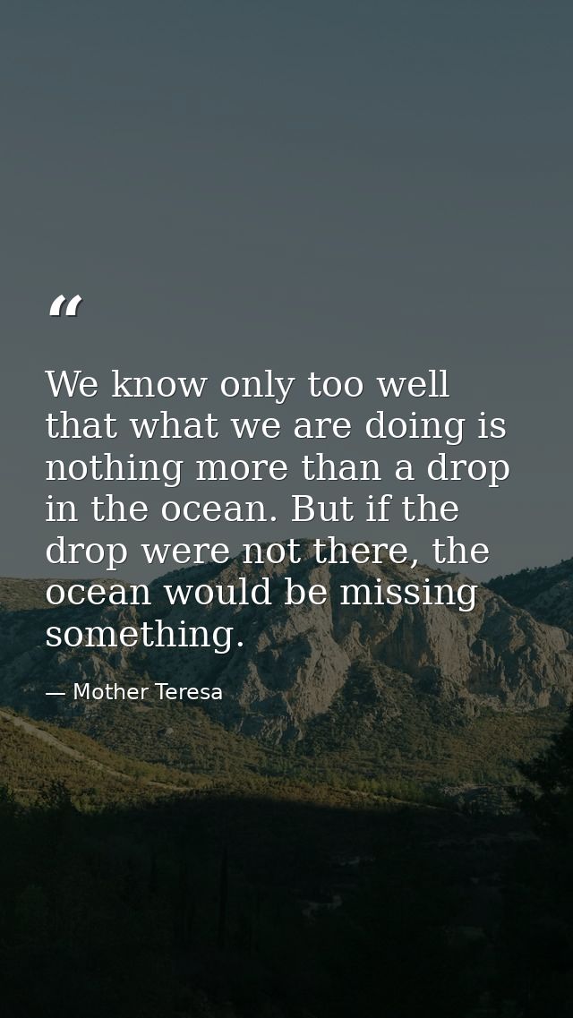 We know only too well that what we are doing is nothing more than a drop in the ocean. But if the drop were not there, t — Mother Teresa