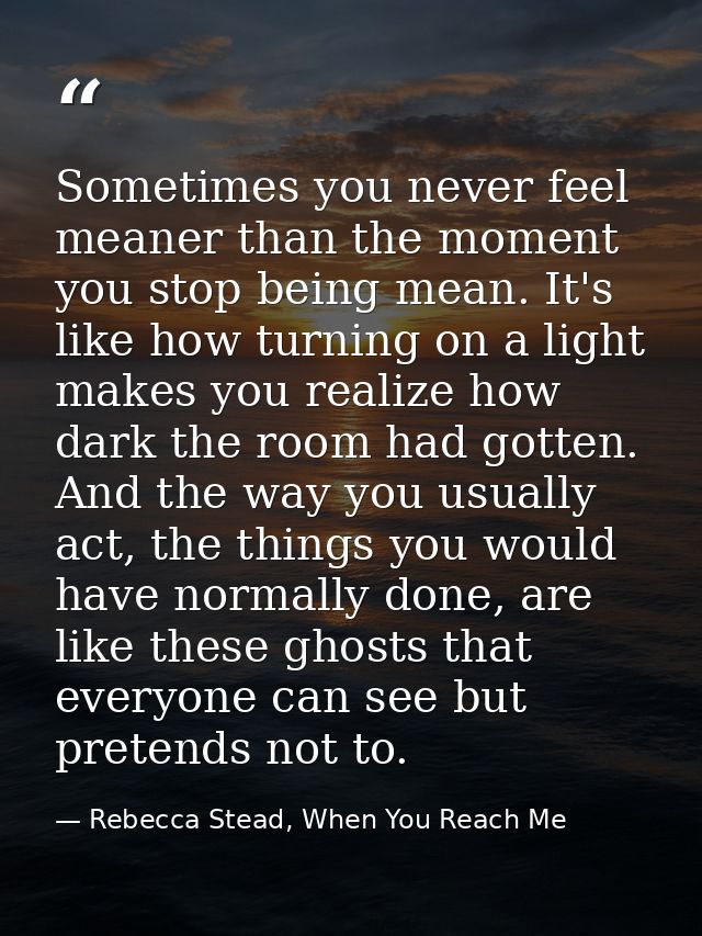 Sometimes you never feel meaner than the moment you stop being mean. It's like how turning on a light makes you realize  — Rebecca Stead, When You Reach Me
