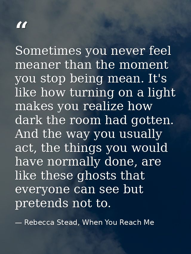 Sometimes you never feel meaner than the moment you stop being mean. It's like how turning on a light makes you realize  — Rebecca Stead, When You Reach Me