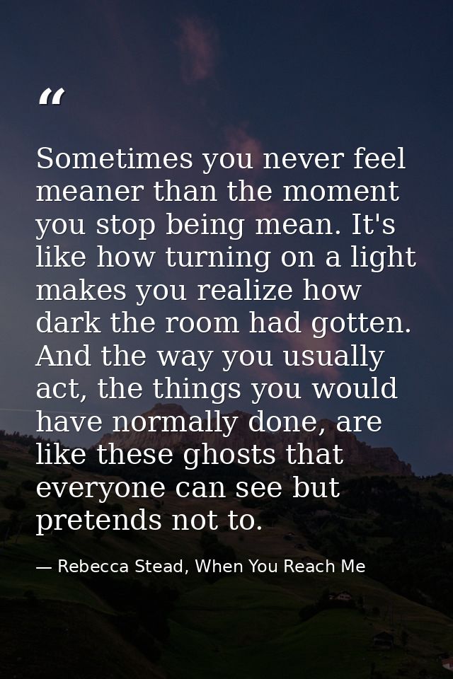 Sometimes you never feel meaner than the moment you stop being mean. It's like how turning on a light makes you realize  — Rebecca Stead, When You Reach Me