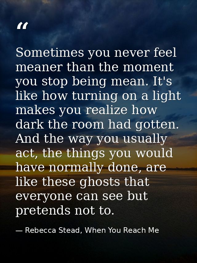 Sometimes you never feel meaner than the moment you stop being mean. It's like how turning on a light makes you realize  — Rebecca Stead, When You Reach Me