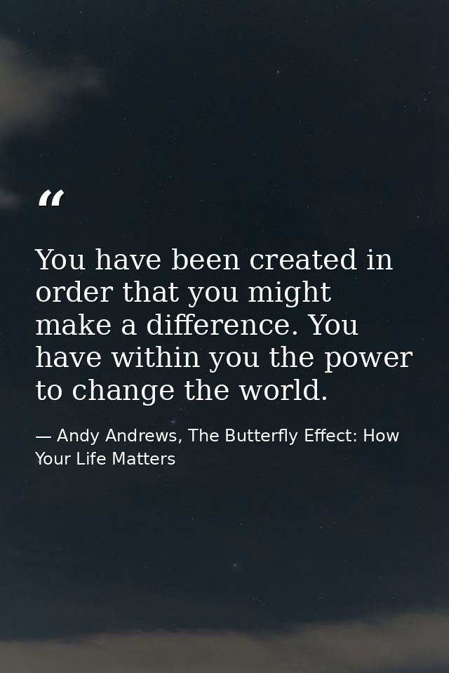 You have been created in order that you might make a difference. You have within you the power to change the world. — Andy Andrews, The Butterfly Effect: How Your Life Matters