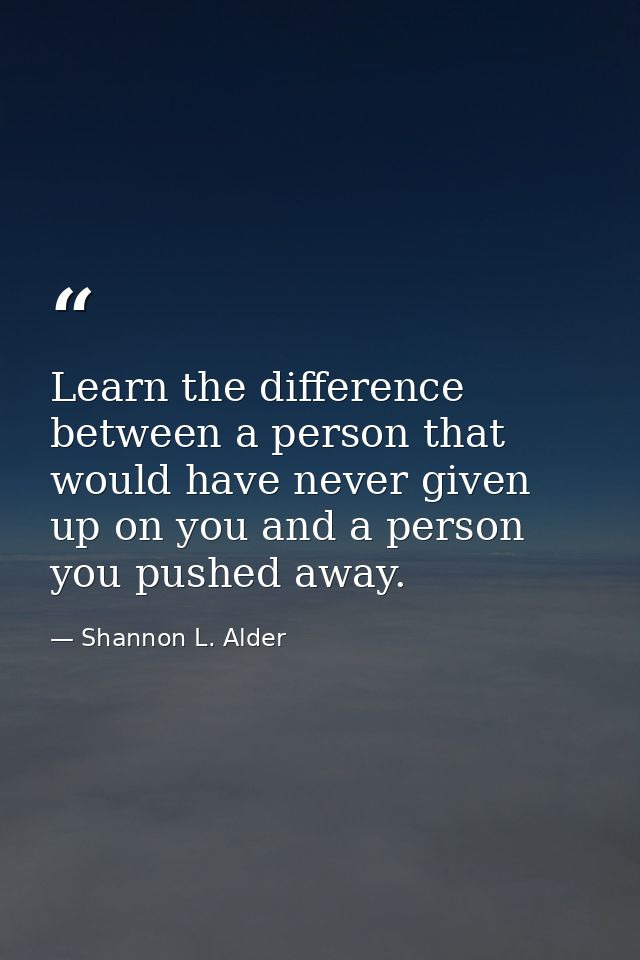 Learn the difference between a person that would have never given up on you and a person you pushed away. — Shannon L. Alder