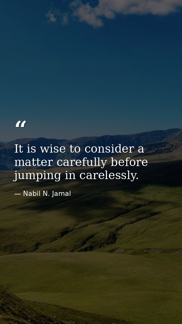 It is wise to consider a matter carefully before jumping in carelessly. — Nabil N. Jamal