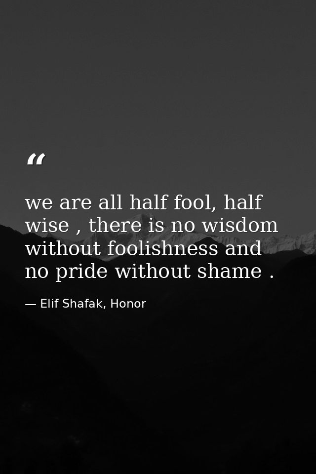 we are all half fool, half wise , there is no wisdom without foolishness and no pride without shame . — Elif Shafak, Honor