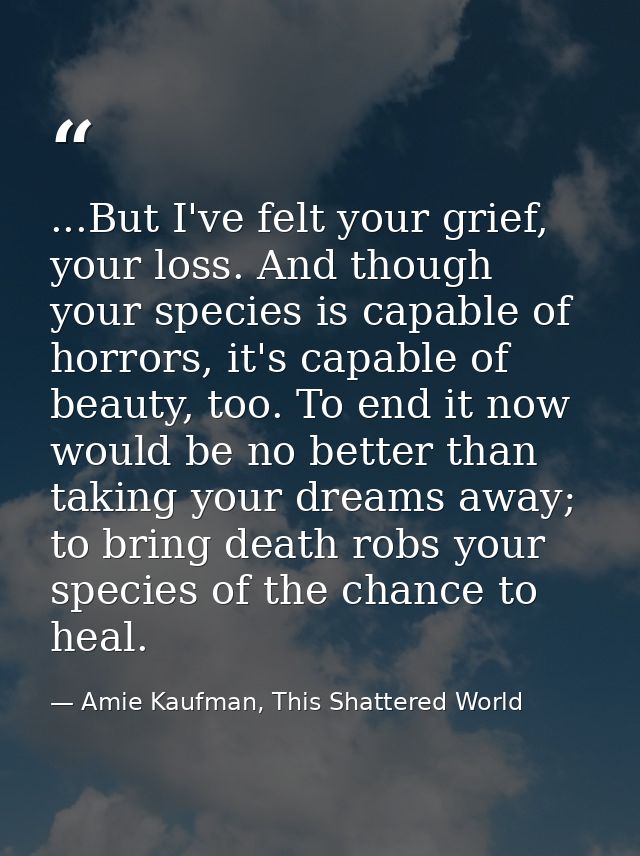 ...But I've felt your grief, your loss. And though your species is capable of horrors, it's capable of beauty, too. To e — Amie Kaufman, This Shattered World