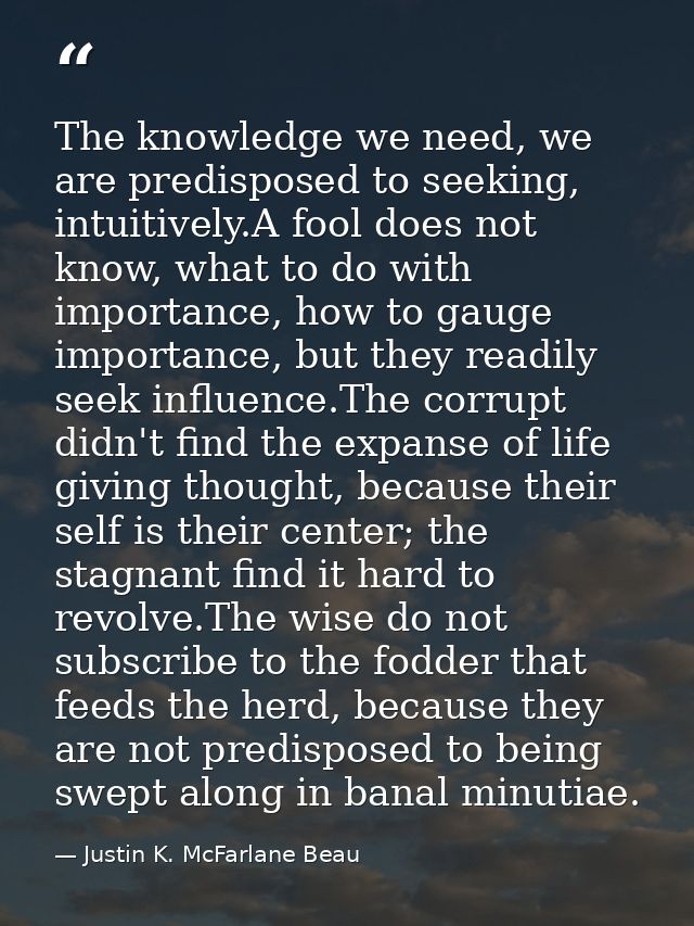 The knowledge we need, we are predisposed to seeking, intuitively.A fool does not know, what to do with importance, how  — Justin K. McFarlane Beau