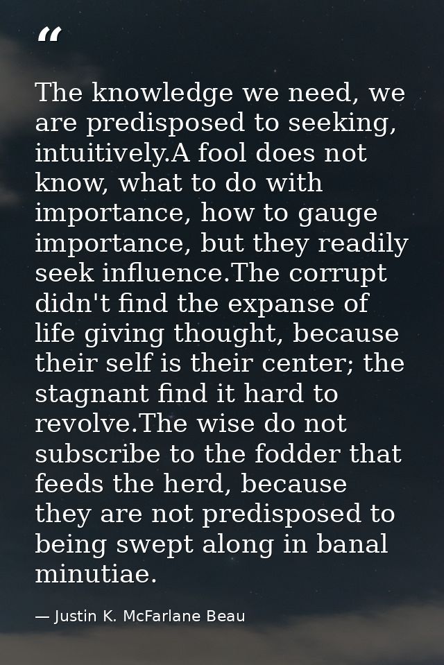 The knowledge we need, we are predisposed to seeking, intuitively.A fool does not know, what to do with importance, how  — Justin K. McFarlane Beau