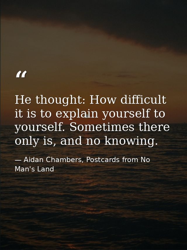 He thought: How difficult it is to explain yourself to yourself. Sometimes there only is, and no knowing. — Aidan Chambers, Postcards from No Man's Land