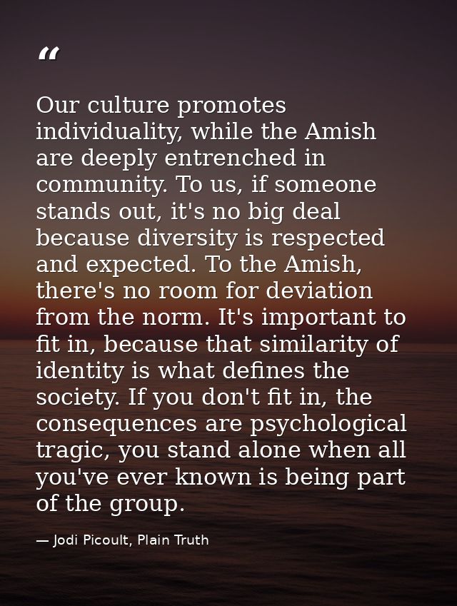 Our culture promotes individuality, while the Amish are deeply entrenched in community. To us, if someone stands out, it — Jodi Picoult, Plain Truth