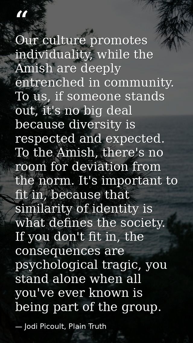 Our culture promotes individuality, while the Amish are deeply entrenched in community. To us, if someone stands out, it — Jodi Picoult, Plain Truth