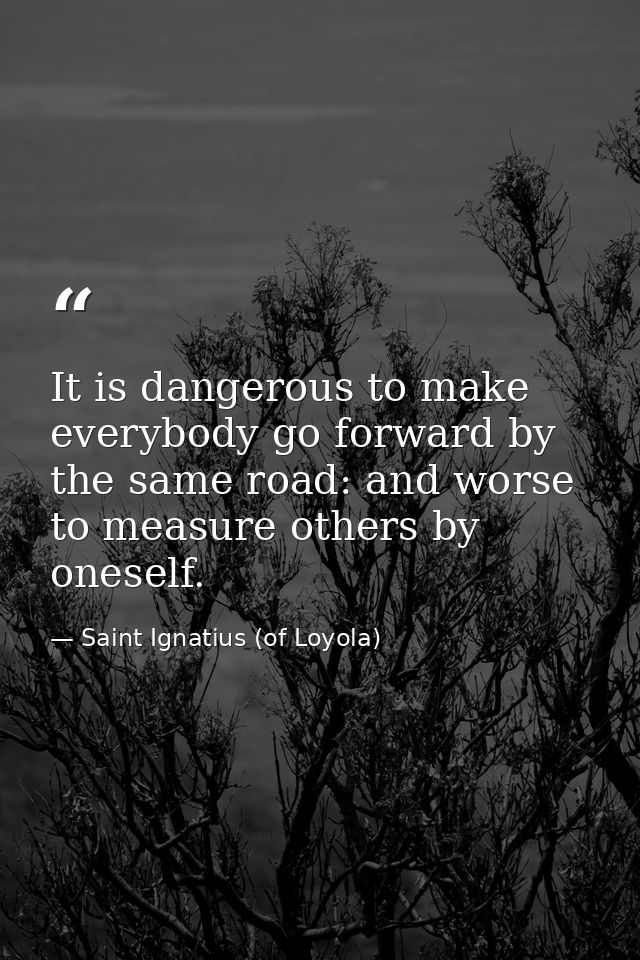 It is dangerous to make everybody go forward by the same road: and worse to measure others by oneself. — Saint Ignatius (of Loyola)