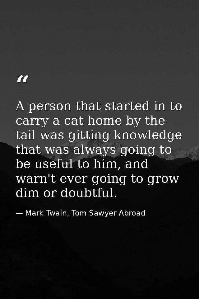 A person that started in to carry a cat home by the tail was gitting knowledge that was always going to be useful to him — Mark Twain, Tom Sawyer Abroad