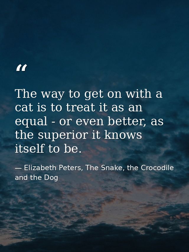 The way to get on with a cat is to treat it as an equal - or even better, as the superior it knows itself to be. — Elizabeth Peters, The Snake, the Crocodile and the Dog