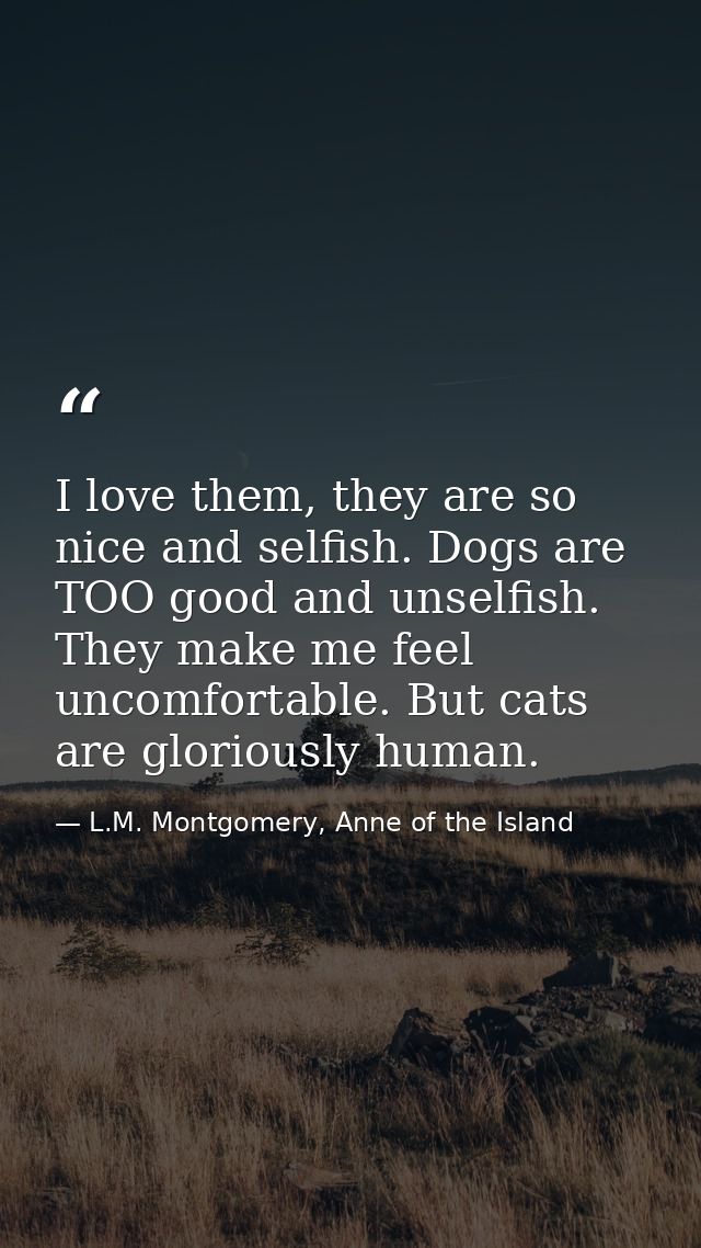 I love them, they are so nice and selfish. Dogs are TOO good and unselfish. They make me feel uncomfortable. But cats ar — L.M. Montgomery, Anne of the Island