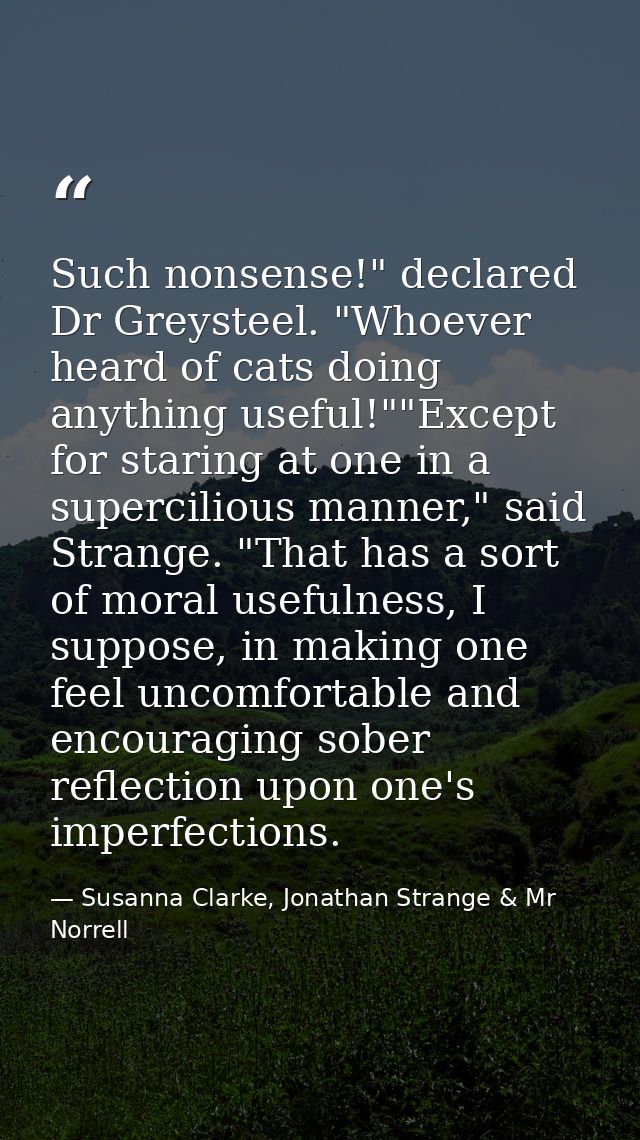 Such nonsense!" declared Dr Greysteel. "Whoever heard of cats doing anything useful!""Except for staring at one in a sup — Susanna Clarke, Jonathan Strange & Mr Norrell