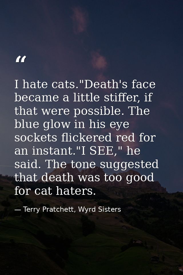 I hate cats."Death's face became a little stiffer, if that were possible. The blue glow in his eye sockets flickered red — Terry Pratchett, Wyrd Sisters