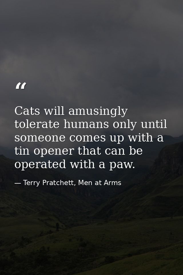 Cats will amusingly tolerate humans only until someone comes up with a tin opener that can be operated with a paw. — Terry Pratchett, Men at Arms