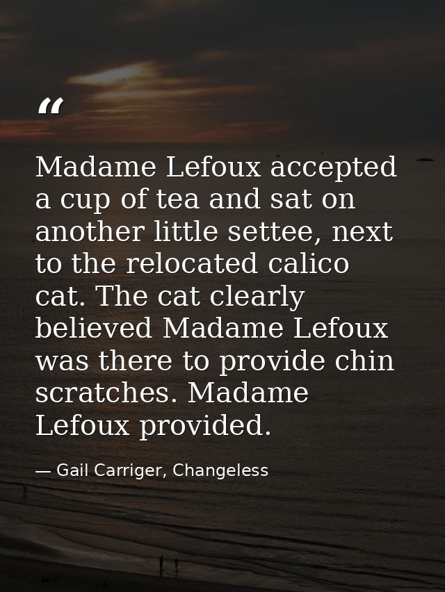 Madame Lefoux accepted a cup of tea and sat on another little settee, next to the relocated calico cat. The cat clearly  — Gail Carriger, Changeless