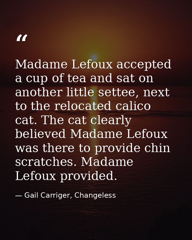 Madame Lefoux accepted a cup of tea and sat on another little settee, next to the relocated calico cat. The cat clearly  — Gail Carriger, Changeless