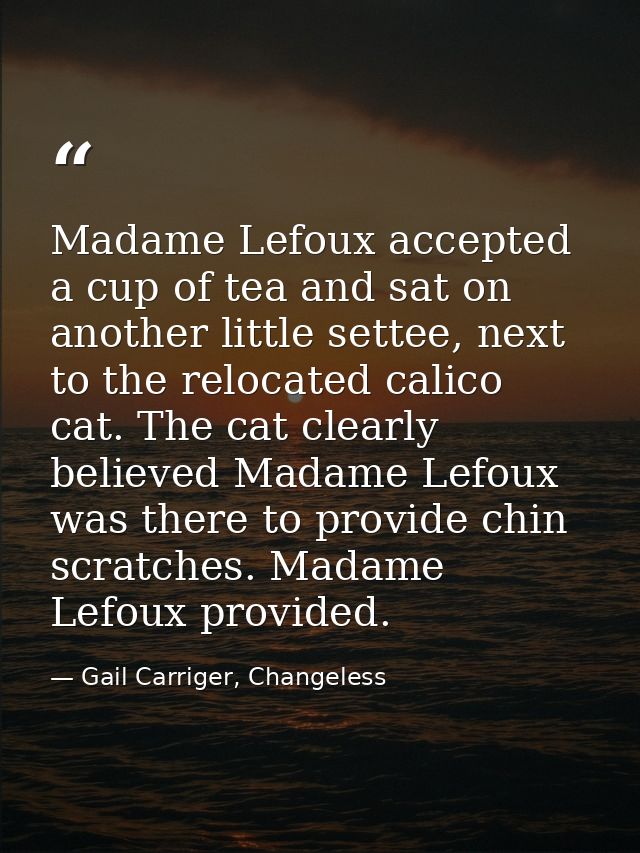 Madame Lefoux accepted a cup of tea and sat on another little settee, next to the relocated calico cat. The cat clearly  — Gail Carriger, Changeless