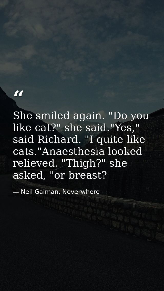 She smiled again. "Do you like cat?" she said."Yes," said Richard. "I quite like cats."Anaesthesia looked relieved. "Thi — Neil Gaiman, Neverwhere