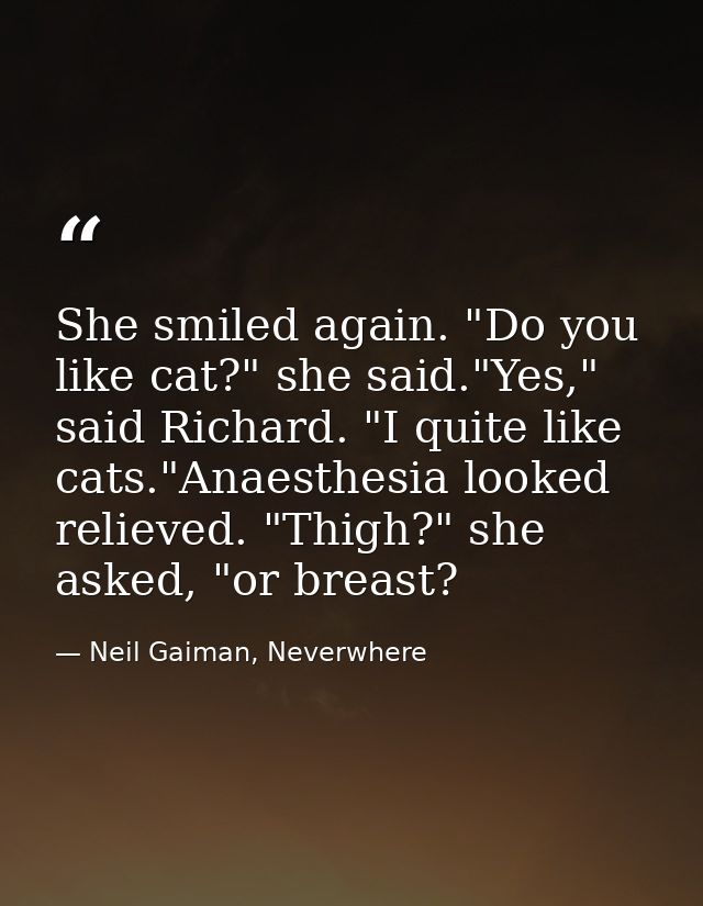 She smiled again. "Do you like cat?" she said."Yes," said Richard. "I quite like cats."Anaesthesia looked relieved. "Thi — Neil Gaiman, Neverwhere