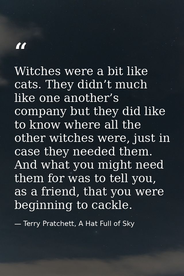 Witches were a bit like cats. They didn’t much like one another’s company but they did like to know where all the other  — Terry Pratchett, A Hat Full of Sky