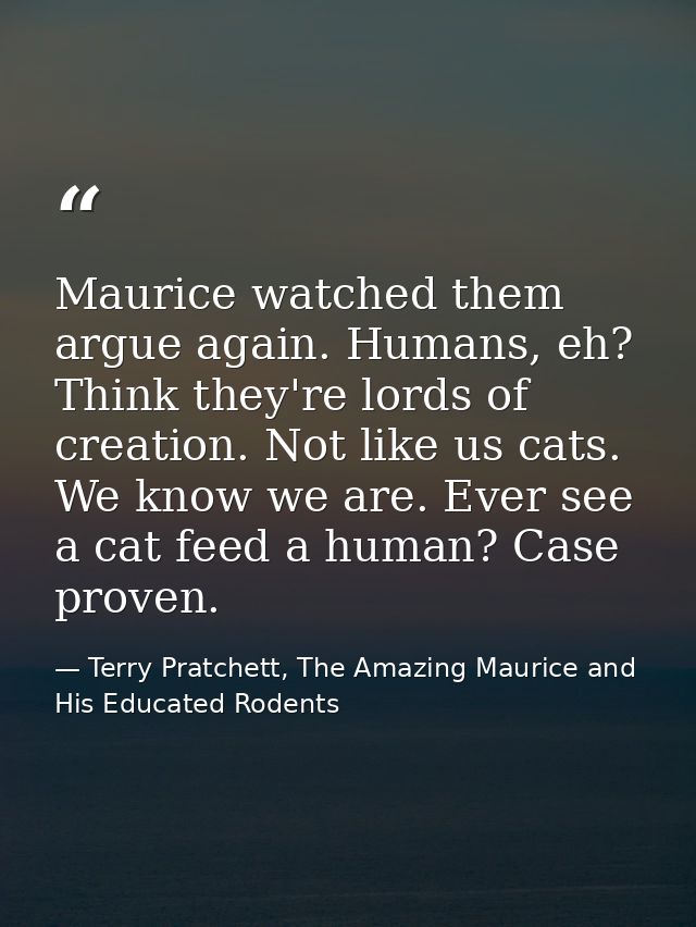 Maurice watched them argue again. Humans, eh? Think they're lords of creation. Not like us cats. We know we are. Ever se — Terry Pratchett, The Amazing Maurice and His Educated Rodents