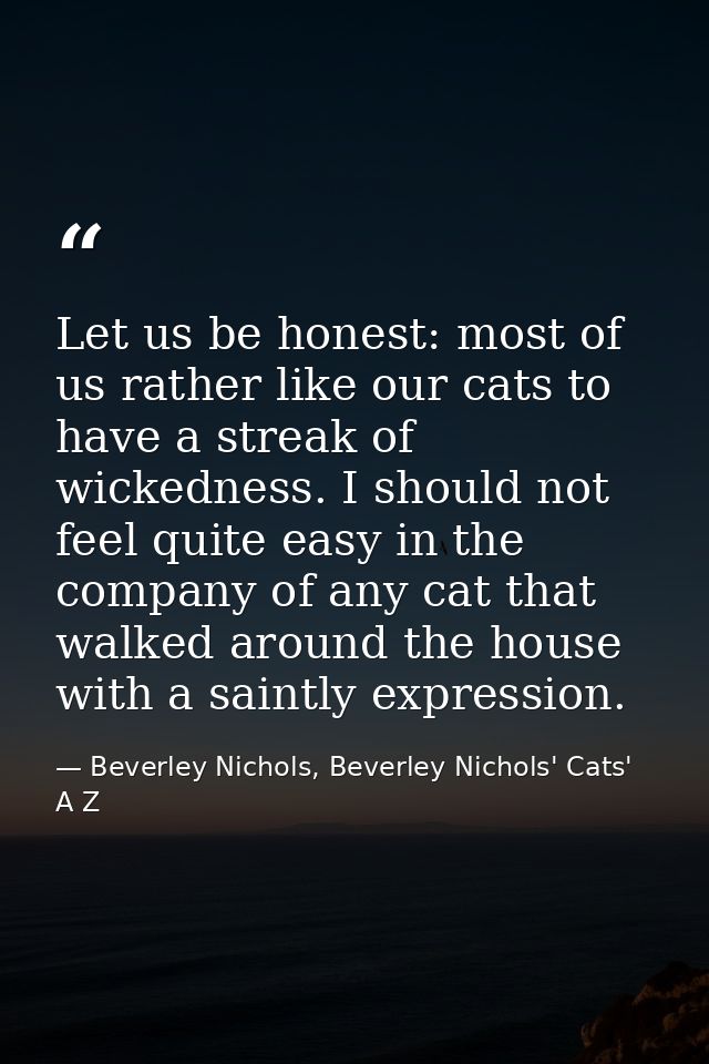 Let us be honest: most of us rather like our cats to have a streak of wickedness. I should not feel quite easy in the co — Beverley Nichols, Beverley Nichols' Cats' A Z