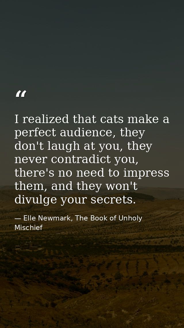 I realized that cats make a perfect audience, they don't laugh at you, they never contradict you, there's no need to imp — Elle Newmark, The Book of Unholy Mischief