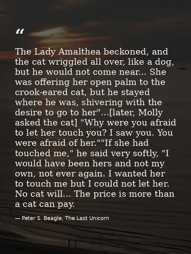 The Lady Amalthea beckoned, and the cat wriggled all over, like a dog, but he would not come near... She was offering he — Peter S. Beagle, The Last Unicorn