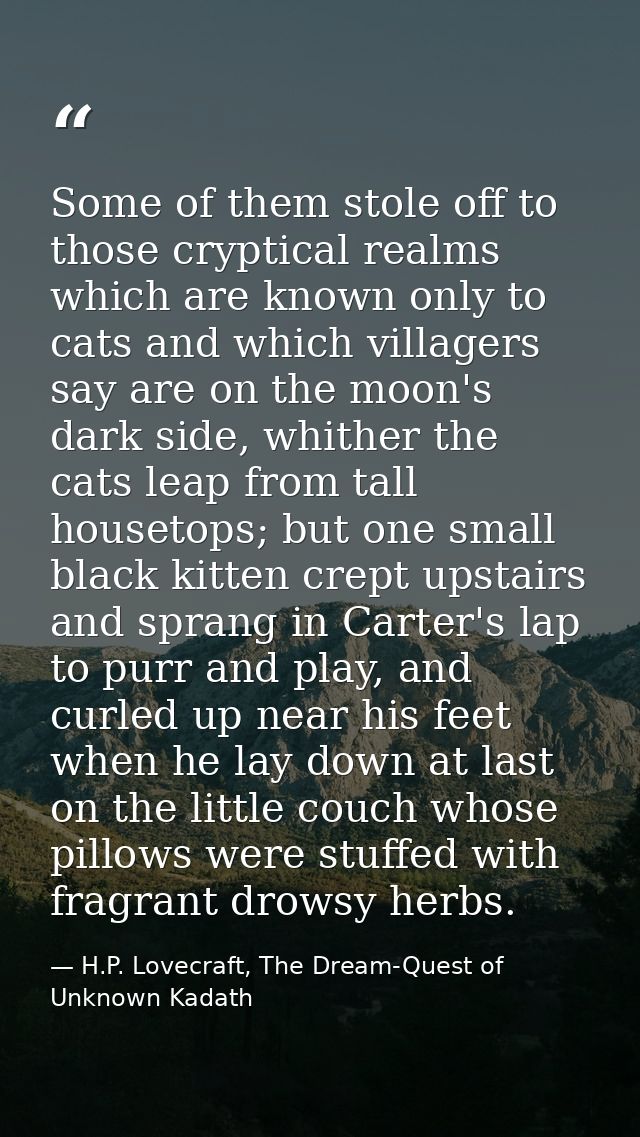 Some of them stole off to those cryptical realms which are known only to cats and which villagers say are on the moon's  — H.P. Lovecraft, The Dream-Quest of Unknown Kadath