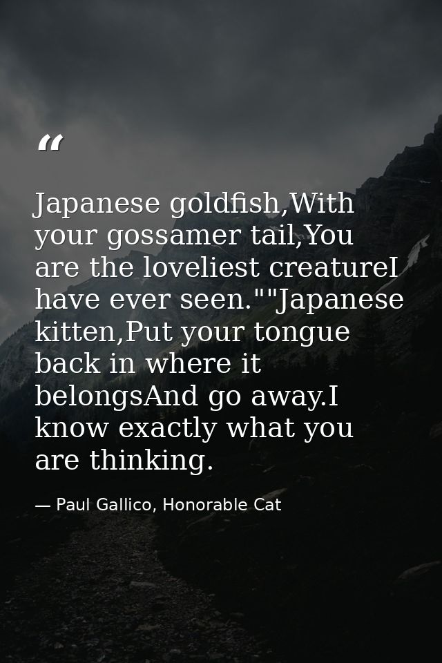 Japanese goldfish,With your gossamer tail,You are the loveliest creatureI have ever seen.""Japanese kitten,Put your tong — Paul Gallico, Honorable Cat