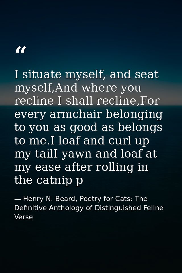 I situate myself, and seat myself,And where you recline I shall recline,For every armchair belonging to you as good as b — Henry N. Beard, Poetry for Cats: The Definitive Anthology of Distinguished Feline Verse