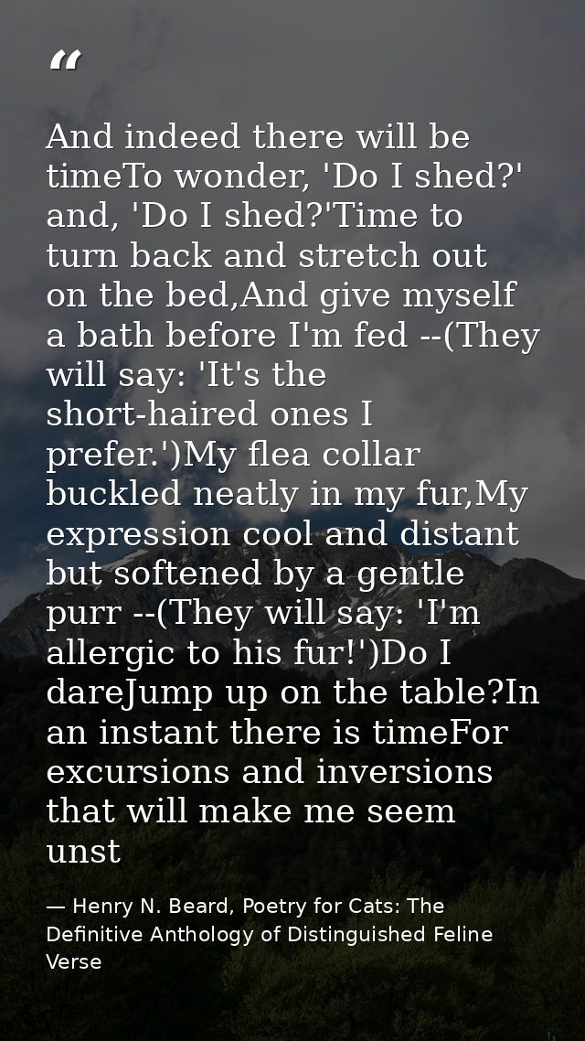 And indeed there will be timeTo wonder, 'Do I shed?' and, 'Do I shed?'Time to turn back and stretch out on the bed,And g — Henry N. Beard, Poetry for Cats: The Definitive Anthology of Distinguished Feline Verse