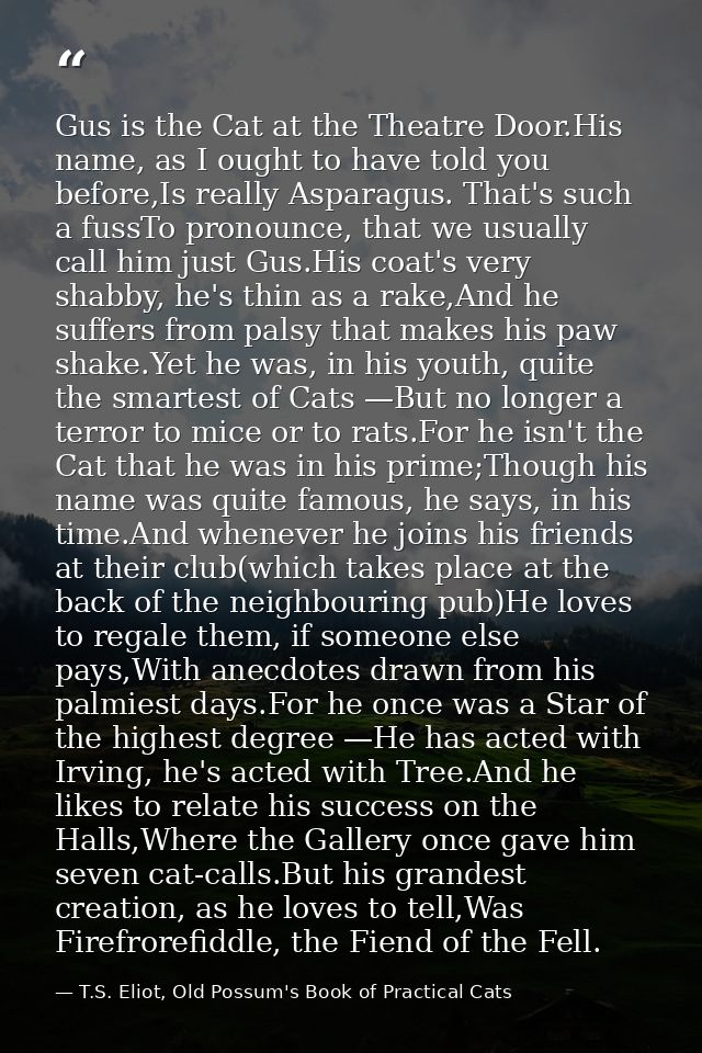 Gus is the Cat at the Theatre Door.His name, as I ought to have told you before,Is really Asparagus. That's such a fussT — T.S. Eliot, Old Possum's Book of Practical Cats