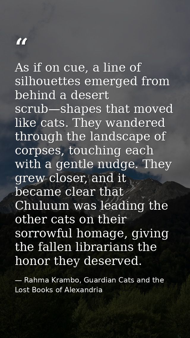 As if on cue, a line of silhouettes emerged from behind a desert scrub—shapes that moved like cats. They wandered throug — Rahma Krambo, Guardian Cats and the Lost Books of Alexandria