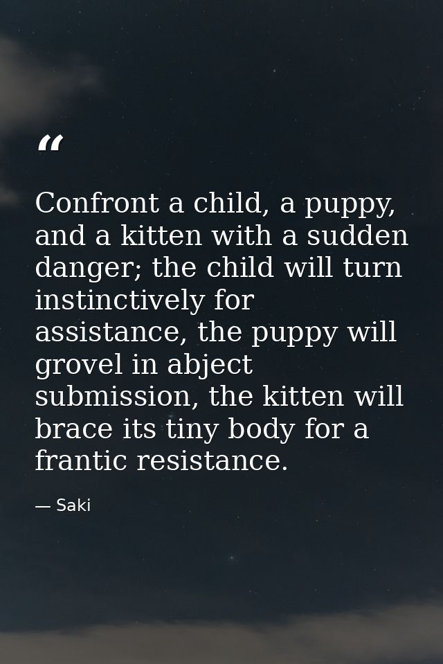 Confront a child, a puppy, and a kitten with a sudden danger; the child will turn instinctively for assistance, the pupp — Saki